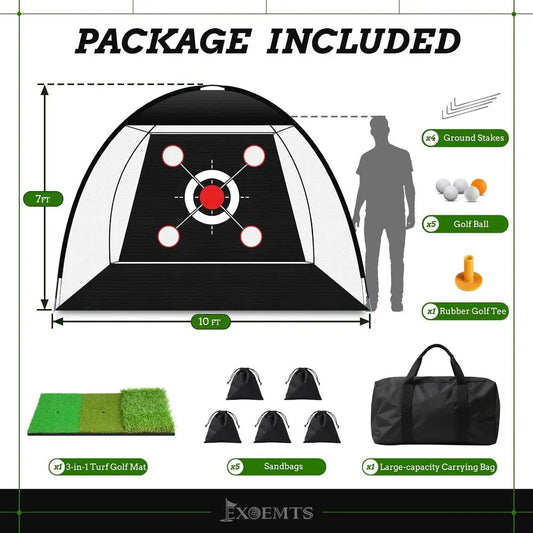 Portable 10x7FT Golf Practice Net with Mat, Ball, Target, and Carry Bag - Ideal for Chipping, Driving, and Swing Training Indoor