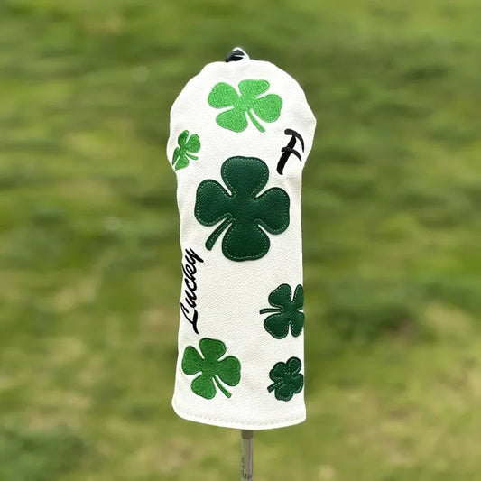 Stylish Clover Golf club head Covers - Durable White with Green Four-Leaf Clover Design, Protective Club Protectors
